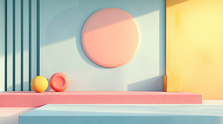 JPG 편집이미지 백그라운드 사람없음 장식 인테리어 공간 원형 디지털합성 모던 색채 파스텔톤 편집소스 미니멀 이미지편집 편집실사 AI컴퓨터그래픽 AI콘텐츠 도형 디자인 컬러 CG 파일형식