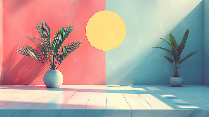 JPG 식물 편집이미지 화분 백그라운드 사람없음 장식 인테리어 공간 원형 디지털합성 모던 색채 파스텔톤 편집소스 미니멀 이미지편집 편집실사 AI컴퓨터그래픽 AI콘텐츠 도형 디자인 컬러 CG 파일형식