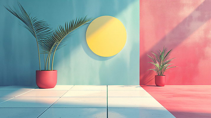 JPG 식물 편집이미지 화분 백그라운드 사람없음 장식 인테리어 공간 원형 디지털합성 모던 색채 파스텔톤 편집소스 미니멀 이미지편집 편집실사 AI컴퓨터그래픽 AI콘텐츠 도형 디자인 컬러 CG 파일형식