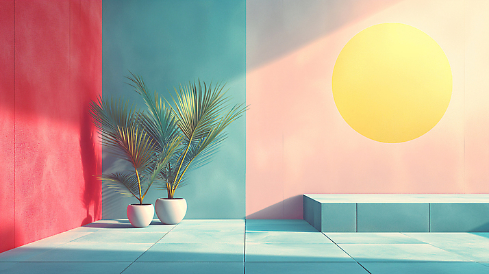 JPG 식물 편집이미지 화분 백그라운드 사람없음 장식 인테리어 공간 원형 디지털합성 모던 색채 파스텔톤 편집소스 미니멀 이미지편집 편집실사 AI컴퓨터그래픽 AI콘텐츠 도형 디자인 컬러 CG 파일형식