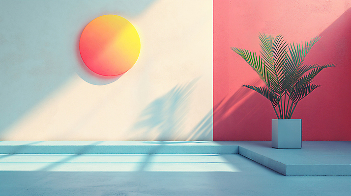 JPG 식물 편집이미지 화분 백그라운드 사람없음 장식 인테리어 공간 원형 디지털합성 모던 색채 파스텔톤 편집소스 미니멀 이미지편집 편집실사 AI컴퓨터그래픽 AI콘텐츠 도형 디자인 컬러 CG 파일형식