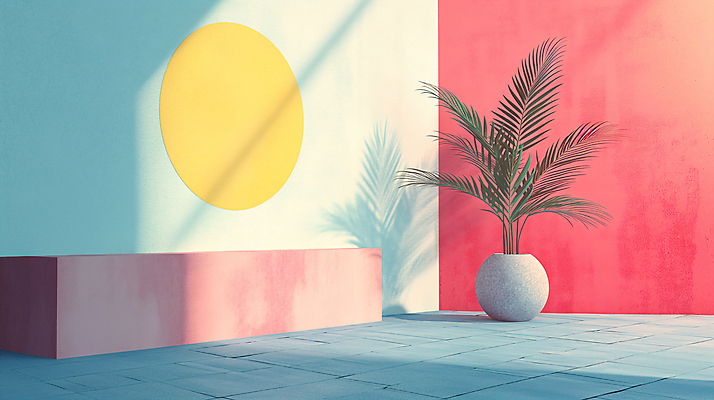 JPG 식물 편집이미지 화분 백그라운드 사람없음 장식 인테리어 공간 원형 디지털합성 모던 색채 파스텔톤 편집소스 미니멀 이미지편집 편집실사 AI컴퓨터그래픽 AI콘텐츠 도형 디자인 컬러 CG 파일형식