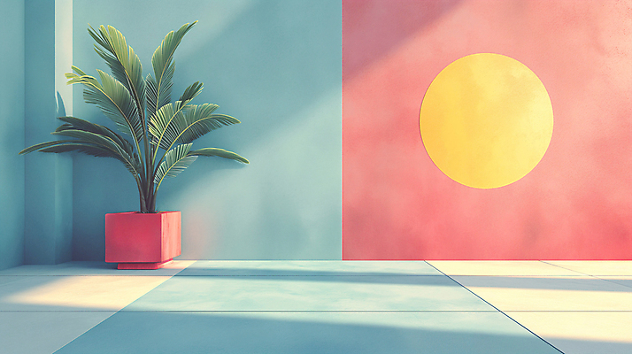 JPG 식물 편집이미지 화분 백그라운드 사람없음 장식 인테리어 공간 원형 디지털합성 모던 색채 파스텔톤 편집소스 미니멀 이미지편집 편집실사 AI컴퓨터그래픽 AI콘텐츠 도형 디자인 컬러 CG 파일형식