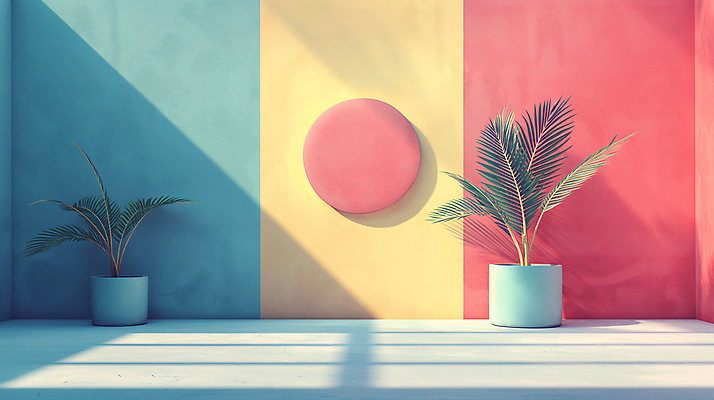 JPG 식물 편집이미지 화분 백그라운드 사람없음 장식 인테리어 공간 원형 디지털합성 모던 색채 파스텔톤 편집소스 미니멀 이미지편집 편집실사 AI컴퓨터그래픽 AI콘텐츠 도형 디자인 컬러 CG 파일형식