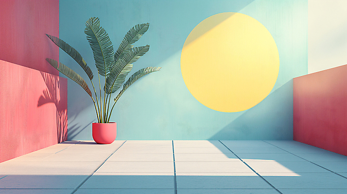 JPG 식물 편집이미지 화분 백그라운드 사람없음 장식 인테리어 공간 원형 디지털합성 모던 색채 파스텔톤 편집소스 미니멀 이미지편집 편집실사 AI컴퓨터그래픽 AI콘텐츠 도형 디자인 컬러 CG 파일형식