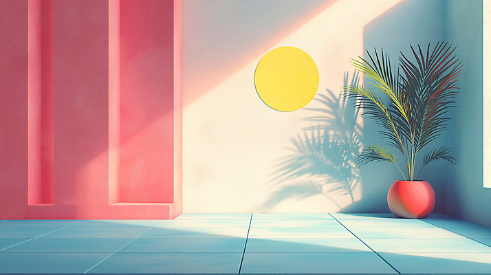 JPG 식물 편집이미지 화분 백그라운드 사람없음 장식 인테리어 공간 원형 디지털합성 모던 색채 파스텔톤 편집소스 미니멀 이미지편집 편집실사 AI컴퓨터그래픽 AI콘텐츠 도형 디자인 컬러 CG 파일형식