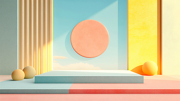 JPG 편집이미지 백그라운드 사람없음 장식 인테리어 공간 원형 디지털합성 모던 색채 파스텔톤 편집소스 미니멀 이미지편집 편집실사 AI컴퓨터그래픽 AI콘텐츠 도형 디자인 컬러 CG 파일형식