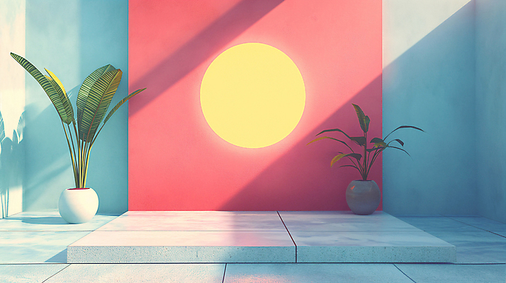 JPG 식물 편집이미지 화분 백그라운드 사람없음 장식 인테리어 공간 원형 디지털합성 모던 색채 파스텔톤 편집소스 미니멀 이미지편집 편집실사 AI컴퓨터그래픽 AI콘텐츠 도형 디자인 컬러 CG 파일형식