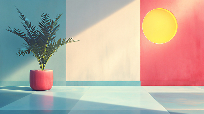 JPG 식물 편집이미지 화분 백그라운드 사람없음 장식 인테리어 공간 원형 디지털합성 모던 색채 파스텔톤 편집소스 미니멀 이미지편집 편집실사 AI컴퓨터그래픽 AI콘텐츠 도형 디자인 컬러 CG 파일형식