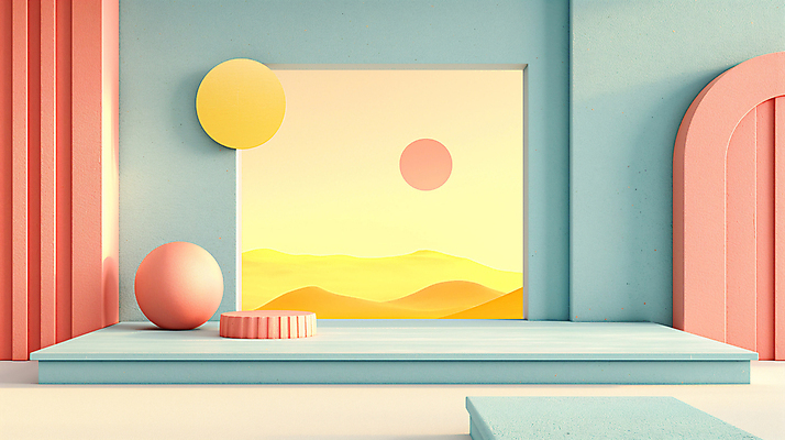 JPG 편집이미지 백그라운드 사람없음 장식 인테리어 공간 원형 디지털합성 모던 색채 파스텔톤 편집소스 미니멀 이미지편집 편집실사 AI컴퓨터그래픽 AI콘텐츠 도형 디자인 컬러 CG 파일형식