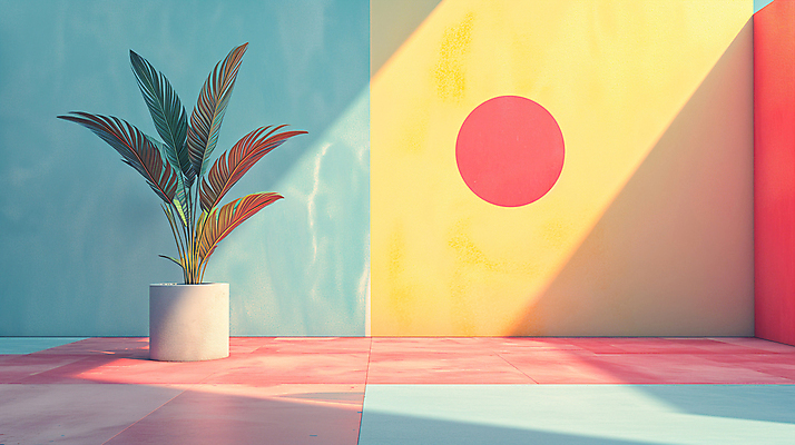 JPG 식물 편집이미지 화분 백그라운드 사람없음 장식 인테리어 공간 원형 디지털합성 모던 색채 파스텔톤 편집소스 미니멀 이미지편집 편집실사 AI컴퓨터그래픽 AI콘텐츠 도형 디자인 컬러 CG 파일형식