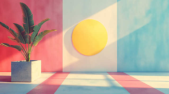 JPG 식물 편집이미지 화분 백그라운드 사람없음 장식 인테리어 공간 원형 디지털합성 모던 색채 파스텔톤 편집소스 미니멀 이미지편집 편집실사 AI컴퓨터그래픽 AI콘텐츠 도형 디자인 컬러 CG 파일형식