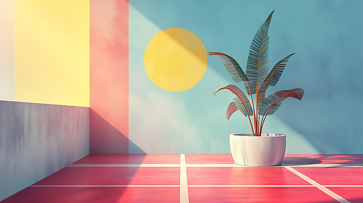 JPG 식물 편집이미지 화분 백그라운드 사람없음 장식 인테리어 공간 원형 디지털합성 모던 색채 파스텔톤 편집소스 미니멀 이미지편집 편집실사 AI컴퓨터그래픽 AI콘텐츠 도형 디자인 컬러 CG 파일형식