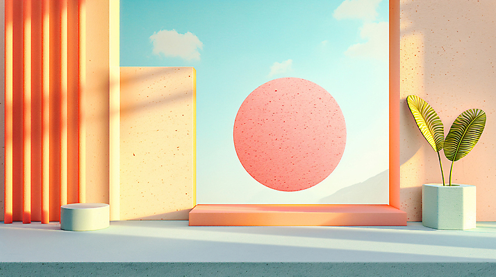 JPG 식물 편집이미지 화분 백그라운드 사람없음 장식 인테리어 공간 원형 디지털합성 모던 색채 파스텔톤 편집소스 미니멀 이미지편집 편집실사 AI컴퓨터그래픽 AI콘텐츠 도형 디자인 컬러 CG 파일형식