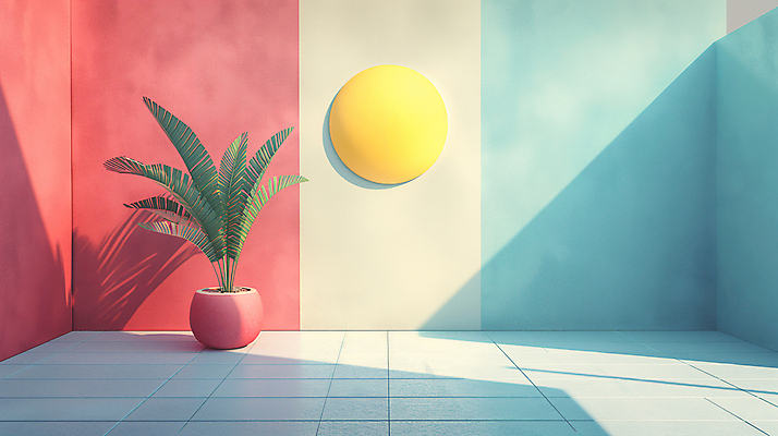 JPG 식물 편집이미지 화분 백그라운드 사람없음 장식 인테리어 공간 원형 디지털합성 모던 색채 파스텔톤 편집소스 미니멀 이미지편집 편집실사 AI컴퓨터그래픽 AI콘텐츠 도형 디자인 컬러 CG 파일형식