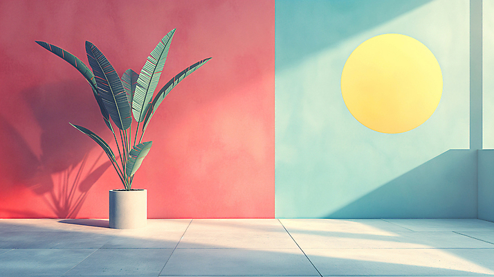 JPG 식물 편집이미지 화분 백그라운드 사람없음 장식 인테리어 공간 원형 디지털합성 모던 색채 파스텔톤 편집소스 미니멀 이미지편집 편집실사 AI컴퓨터그래픽 AI콘텐츠 도형 디자인 컬러 CG 파일형식