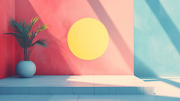 JPG 식물 편집이미지 화분 백그라운드 사람없음 장식 인테리어 공간 원형 디지털합성 모던 색채 파스텔톤 편집소스 미니멀 이미지편집 편집실사 AI컴퓨터그래픽 AI콘텐츠 도형 디자인 컬러 CG 파일형식