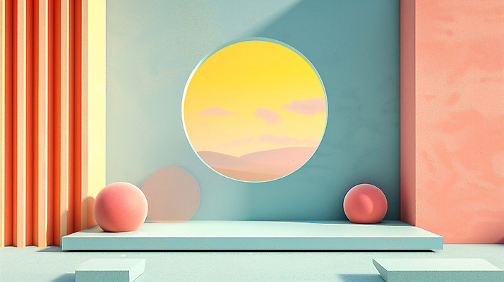 JPG 편집이미지 백그라운드 사람없음 장식 인테리어 공간 원형 디지털합성 모던 색채 파스텔톤 편집소스 미니멀 이미지편집 편집실사 AI컴퓨터그래픽 AI콘텐츠 도형 디자인 컬러 CG 파일형식