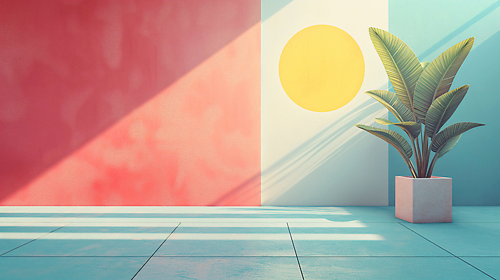 JPG 식물 편집이미지 화분 백그라운드 사람없음 장식 인테리어 공간 원형 디지털합성 모던 색채 파스텔톤 편집소스 미니멀 이미지편집 편집실사 AI컴퓨터그래픽 AI콘텐츠 도형 디자인 컬러 CG 파일형식