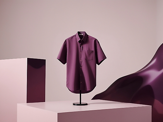 JPG 편집이미지 패션 티셔츠 사람없음 옷걸이 자주색 디지털합성 단상 패브릭 편집소스 미니멀 편집실사 AI컴퓨터그래픽 AI콘텐츠 컬러 셔츠 직물 CG 파일형식