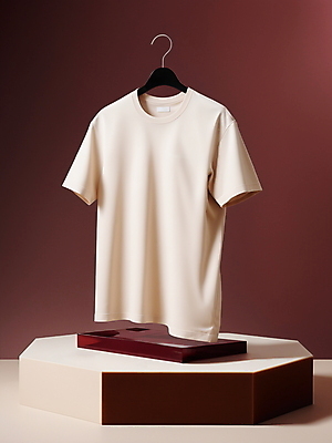 JPG 편집이미지 패션 티셔츠 그림자 사람없음 캐주얼 옷걸이 디지털합성 단상 아이보리 적갈색 편집소스 미니멀 편집실사 AI컴퓨터그래픽 AI콘텐츠 옷 컬러 셔츠 갈색 CG 파일형식