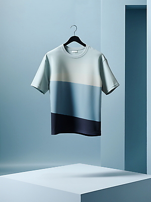 JPG 편집이미지 패션 하늘색 티셔츠 사람없음 캐주얼 줄무늬 옷걸이 디지털합성 모던 단상 편집소스 편집실사 AI컴퓨터그래픽 AI콘텐츠 옷 셔츠 무늬 파란색 CG 파일형식