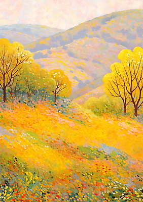 JPG 나무 백그라운드 꽃밭 일러스트 자연 페인팅 하늘 산 풍경 사람없음 노란색 봄 농촌 유화 풍경화 점묘화 국내일러스트 AI일러스트 AI콘텐츠 식물 계절 꽃 컬러 미술 시골 그림 생태계 파일형식