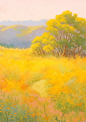 JPG 나무 백그라운드 꽃밭 일러스트 자연 페인팅 하늘 산 풍경 사람없음 노란색 봄 농촌 유화 풍경화 점묘화 국내일러스트 AI일러스트 AI콘텐츠 식물 계절 꽃 컬러 미술 시골 그림 생태계 파일형식