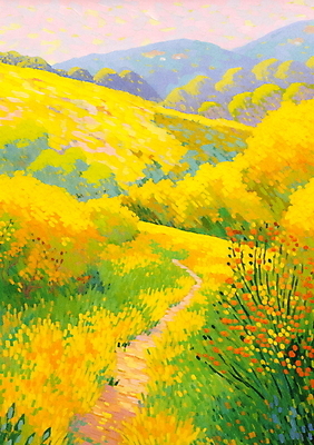 JPG 나무 백그라운드 꽃밭 일러스트 자연 페인팅 하늘 산 풍경 사람없음 노란색 봄 농촌 유화 풍경화 점묘화 국내일러스트 AI일러스트 AI콘텐츠 식물 계절 꽃 컬러 미술 시골 그림 생태계 파일형식