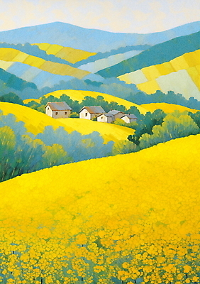 JPG 나무 백그라운드 꽃밭 일러스트 자연 페인팅 하늘 산 풍경 사람없음 노란색 봄 농촌 유화 풍경화 점묘화 국내일러스트 AI일러스트 AI콘텐츠 식물 계절 꽃 컬러 미술 시골 그림 생태계 파일형식