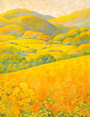 JPG 나무 백그라운드 꽃밭 일러스트 자연 페인팅 하늘 산 풍경 사람없음 노란색 봄 농촌 유화 풍경화 점묘화 국내일러스트 AI일러스트 AI콘텐츠 식물 계절 꽃 컬러 미술 시골 그림 생태계 파일형식