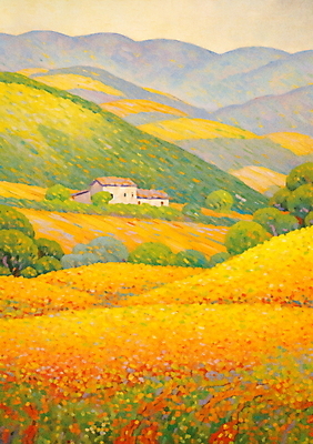 JPG 나무 백그라운드 꽃밭 일러스트 자연 페인팅 하늘 산 풍경 사람없음 노란색 봄 농촌 유화 풍경화 점묘화 국내일러스트 AI일러스트 AI콘텐츠 식물 계절 꽃 컬러 미술 시골 그림 생태계 파일형식