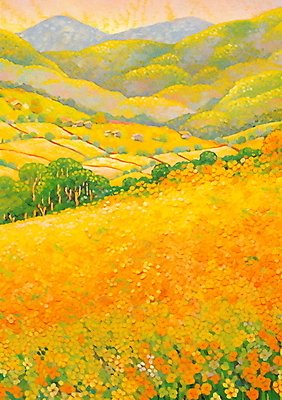 JPG 나무 백그라운드 꽃밭 일러스트 자연 페인팅 하늘 산 풍경 사람없음 노란색 봄 농촌 유화 풍경화 점묘화 국내일러스트 AI일러스트 AI콘텐츠 식물 계절 꽃 컬러 미술 시골 그림 생태계 파일형식