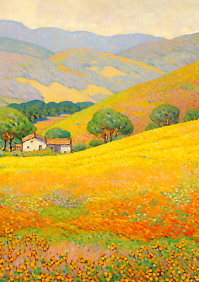 JPG 나무 백그라운드 꽃밭 일러스트 자연 페인팅 하늘 산 풍경 사람없음 노란색 봄 농촌 유화 풍경화 점묘화 국내일러스트 AI일러스트 AI콘텐츠 식물 계절 꽃 컬러 미술 시골 그림 생태계 파일형식