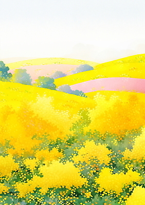 JPG 나무 백그라운드 꽃밭 일러스트 자연 페인팅 하늘 산 풍경 사람없음 노란색 봄 농촌 유화 풍경화 점묘화 국내일러스트 AI일러스트 AI콘텐츠 식물 계절 꽃 컬러 미술 시골 그림 생태계 파일형식