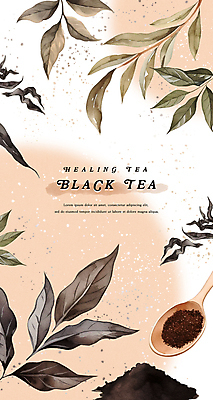 PSD 꽃잎 백그라운드 잎 일러스트 수채화 사람없음 갈색 숟가락 가루 힐링 홍차 찻잎 국내일러스트 식물 꽃 컬러 수저 차_음료 파일형식