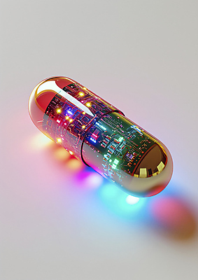 JPG 편집이미지 미래 기술 사람없음 컬러풀 알약 약 기계 회로판 혁명 이미지편집 편집실사 AI컴퓨터그래픽 AI콘텐츠 컬러 컨셉 의학 CG 파일형식