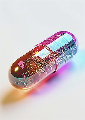 JPG 편집이미지 미래 기술 사람없음 컬러풀 알약 약 기계 회로판 혁명 이미지편집 편집실사 AI컴퓨터그래픽 AI콘텐츠 컬러 컨셉 의학 CG 파일형식