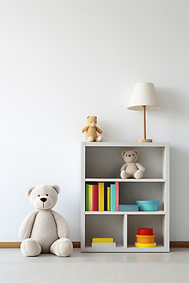 JPG 편집이미지 책장 실내 사람없음 책 인테리어 쌓기 놀이방 곰인형 공간 스탠드 디지털합성 편집실사 AI포토 AI콘텐츠 디자인 인형 가구 모션 조명 내부 CG 파일형식