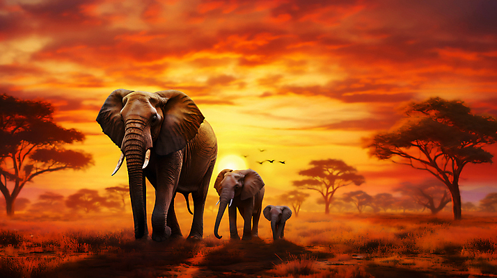 JPG 나무 동물 구름 편집이미지 가족 하늘 코끼리 초원 사람없음 노을 편집실사 AI포토 AI콘텐츠 자연요소 식물 포유류 관계 CG 파일형식