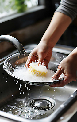 JPG 편집이미지 그릇 손 가사 신체부위 물 깨끗함 청결 거품 설거지 싱크대 수도꼭지 수세미 스펀지 편집실사 AI인물포토 AI콘텐츠 자연요소 식기 컨셉 사람 위생 CG 개수대 파일형식 AI포토