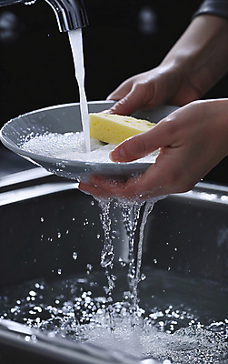 JPG 편집이미지 그릇 손 가사 신체부위 물 깨끗함 청결 거품 설거지 싱크대 수세미 스펀지 편집실사 AI인물포토 AI콘텐츠 자연요소 식기 컨셉 사람 위생 CG 개수대 파일형식 AI포토