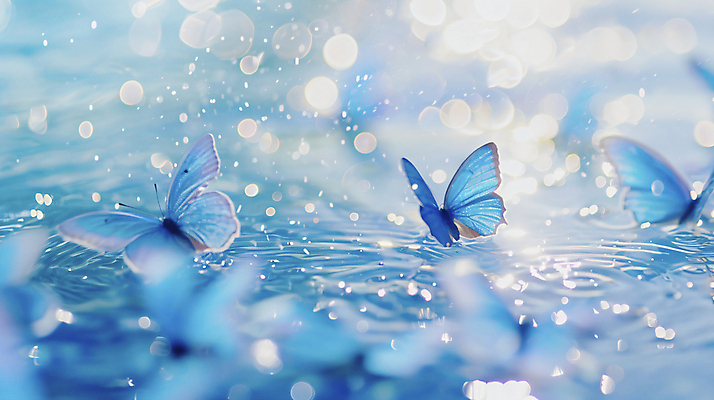 JPG 편집이미지 물결 나비 백그라운드 자연 사람없음 아웃포커스 파란색 빛 반짝임 물방울 수면 신비 파장 윤슬 이미지편집 편집실사 AI컴퓨터그래픽 AI콘텐츠 컬러 곤충 컨셉 모션 촬영기법 물 CG 생태계 파일형식