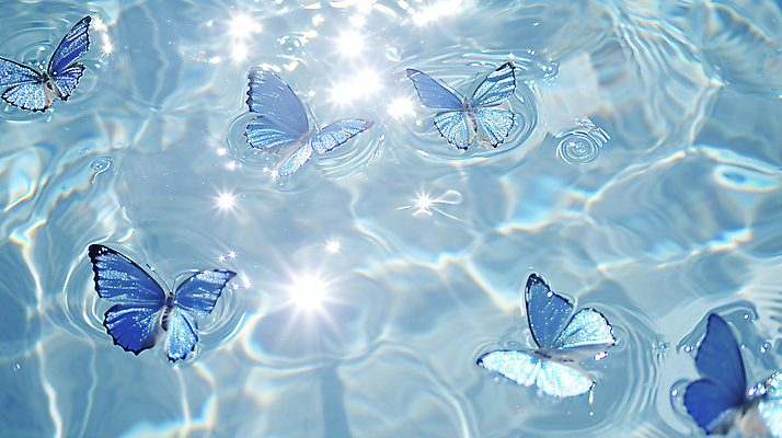 JPG 편집이미지 물결 나비 백그라운드 자연 사람없음 아웃포커스 파란색 빛 반짝임 수면 신비 파장 윤슬 이미지편집 편집실사 AI컴퓨터그래픽 AI콘텐츠 컬러 곤충 컨셉 모션 촬영기법 물 CG 생태계 파일형식