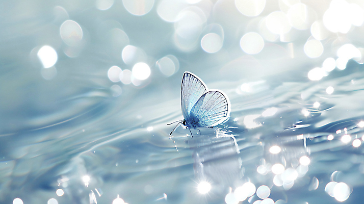 JPG 편집이미지 물결 나비 백그라운드 자연 사람없음 아웃포커스 파란색 빛 반짝임 수면 신비 파장 윤슬 이미지편집 편집실사 AI컴퓨터그래픽 AI콘텐츠 컬러 곤충 컨셉 모션 촬영기법 물 CG 생태계 파일형식