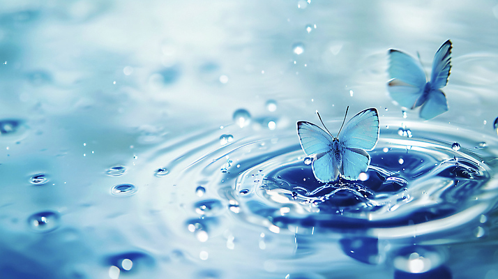 JPG 편집이미지 물결 나비 백그라운드 자연 사람없음 아웃포커스 파란색 빛 반짝임 물방울 수면 신비 파장 이미지편집 편집실사 AI컴퓨터그래픽 AI콘텐츠 컬러 곤충 컨셉 모션 촬영기법 물 CG 생태계 파일형식