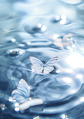 JPG 편집이미지 물결 나비 백그라운드 자연 사람없음 아웃포커스 파란색 빛 반짝임 물방울 수면 신비 파장 이미지편집 편집실사 AI컴퓨터그래픽 AI콘텐츠 컬러 곤충 컨셉 모션 촬영기법 물 CG 생태계 파일형식