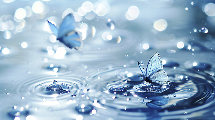 JPG 편집이미지 물결 나비 백그라운드 자연 사람없음 아웃포커스 파란색 빛 반짝임 물방울 수면 신비 파장 이미지편집 편집실사 AI컴퓨터그래픽 AI콘텐츠 컬러 곤충 컨셉 모션 촬영기법 물 CG 생태계 파일형식