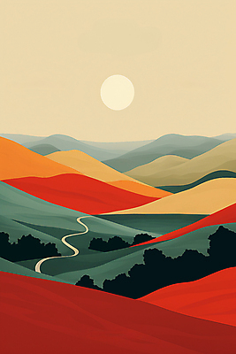 JPG 나무 백그라운드 일러스트 자연 하늘 산 풍경 초원 사람없음 태양 분위기 국내일러스트 AI일러스트 AI콘텐츠 자연요소 식물 컨셉 생태계 파일형식