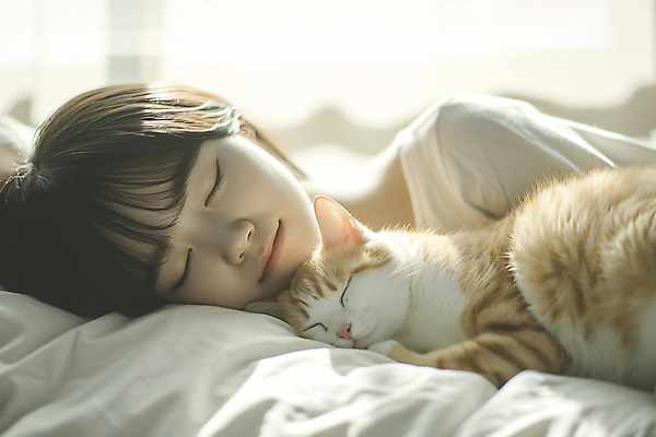 JPG 편집이미지 여자 여유 침구 휴식 한명 성인 눕기 햇빛 눈감음 고양이 이불 잠 편안함 디지털합성 낮잠 성인여자한명만 편집실사 AI인물포토 AI콘텐츠 1 감정 컨셉 포유류 모션 사람 반려동물 태양 감각 CG 여자한명만 성인여자만 파일형식 AI포토